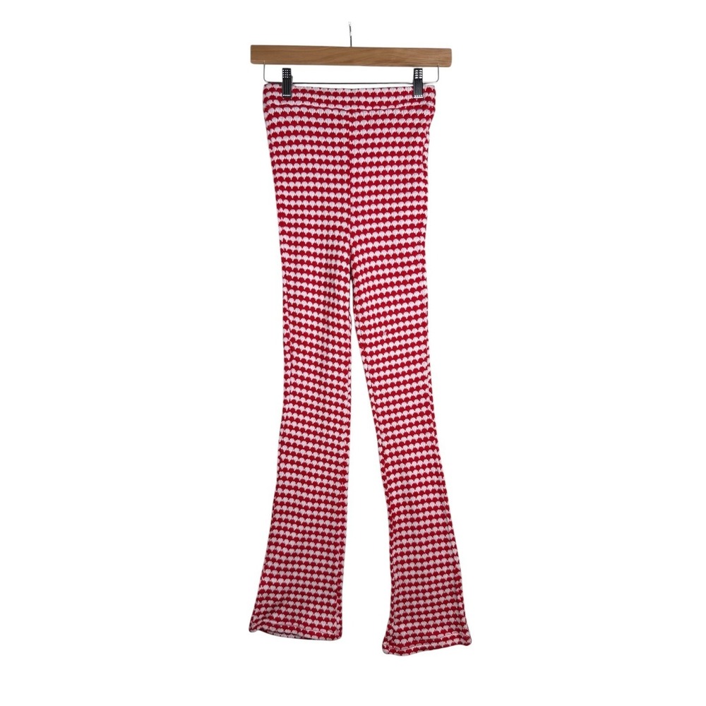 Zara Women's Pants Red White Medium High Rise Gingham Knit Stretch Viscose Blend
